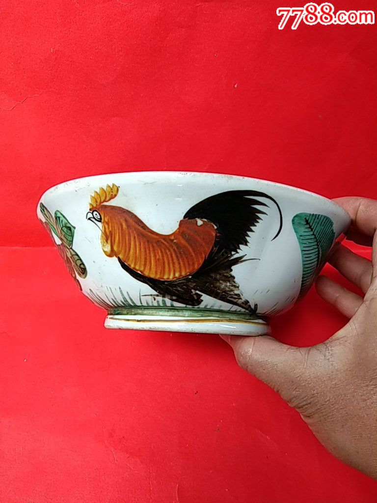 大口径民国花卉公鸡碗
