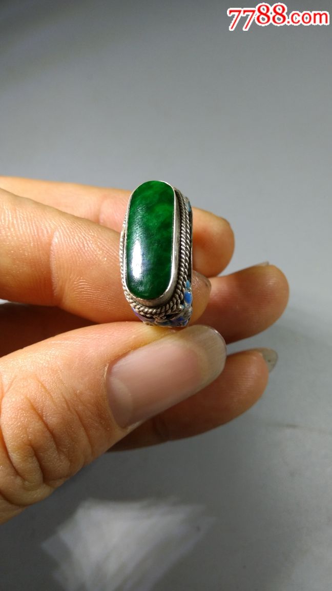 清代纯银烧蓝嵌翡翠老戒指