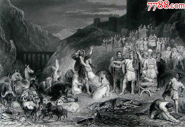 1850年宗教题材钢板画系列—《亚干的惩罚》"h.melville"作品