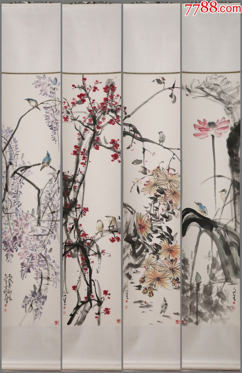 中国美术家协会会员,天津美术学院中国画系教授【刘文生】花鸟四条屏