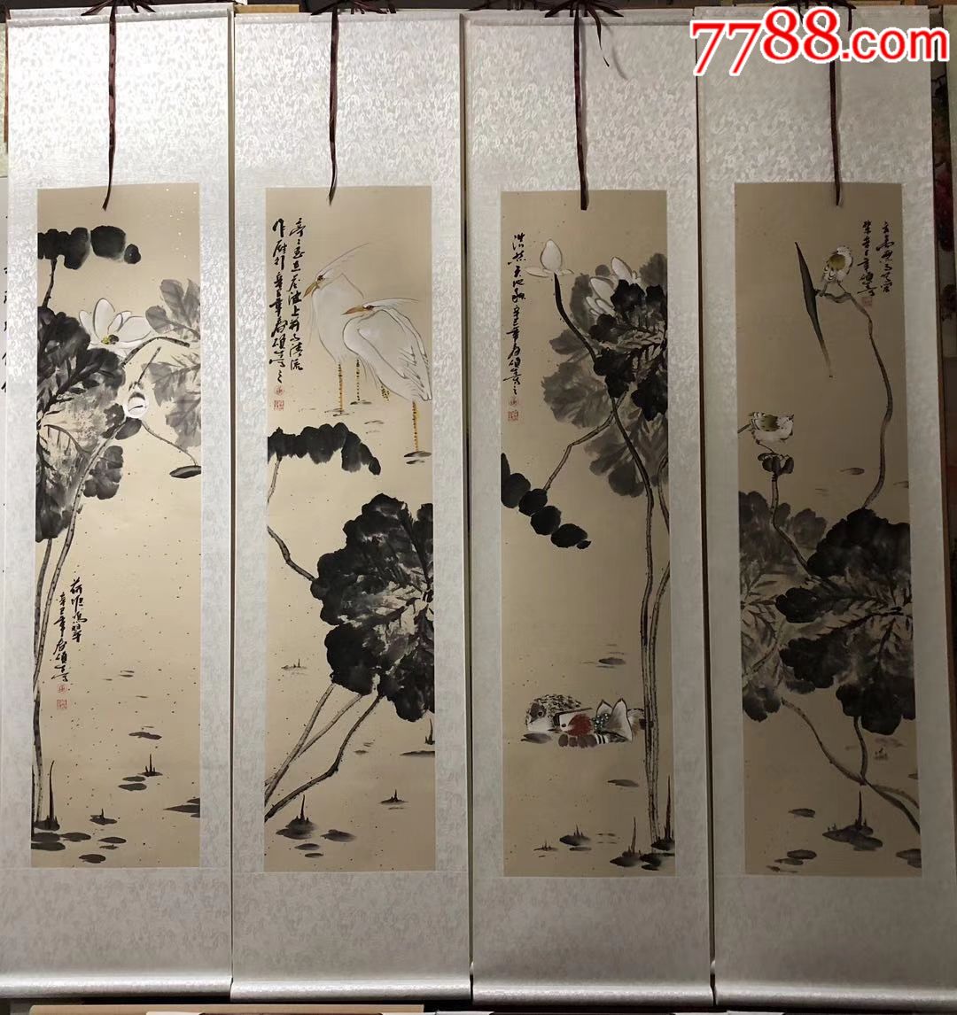 康硕生,精品花鸟四条屏卷轴尺寸137×34×4终身保真,假一赔万!