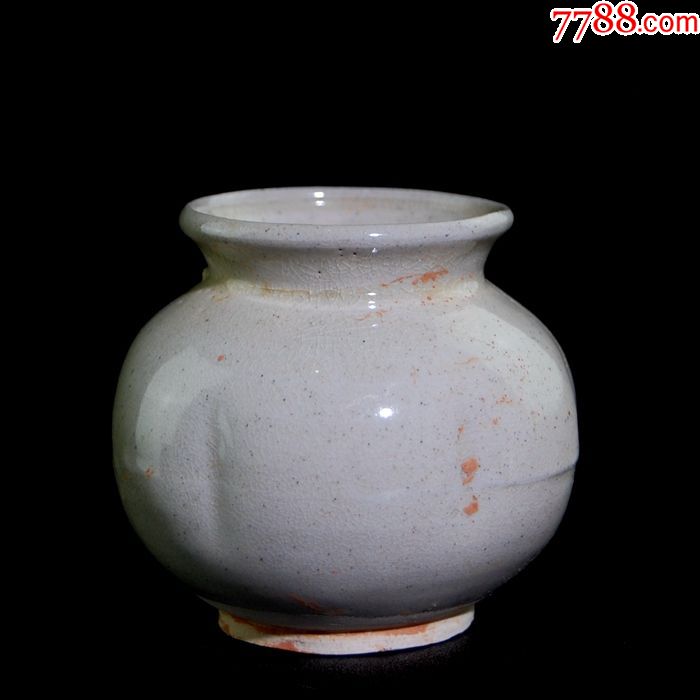 出土开片白釉陶罐瓜棱罇摆件