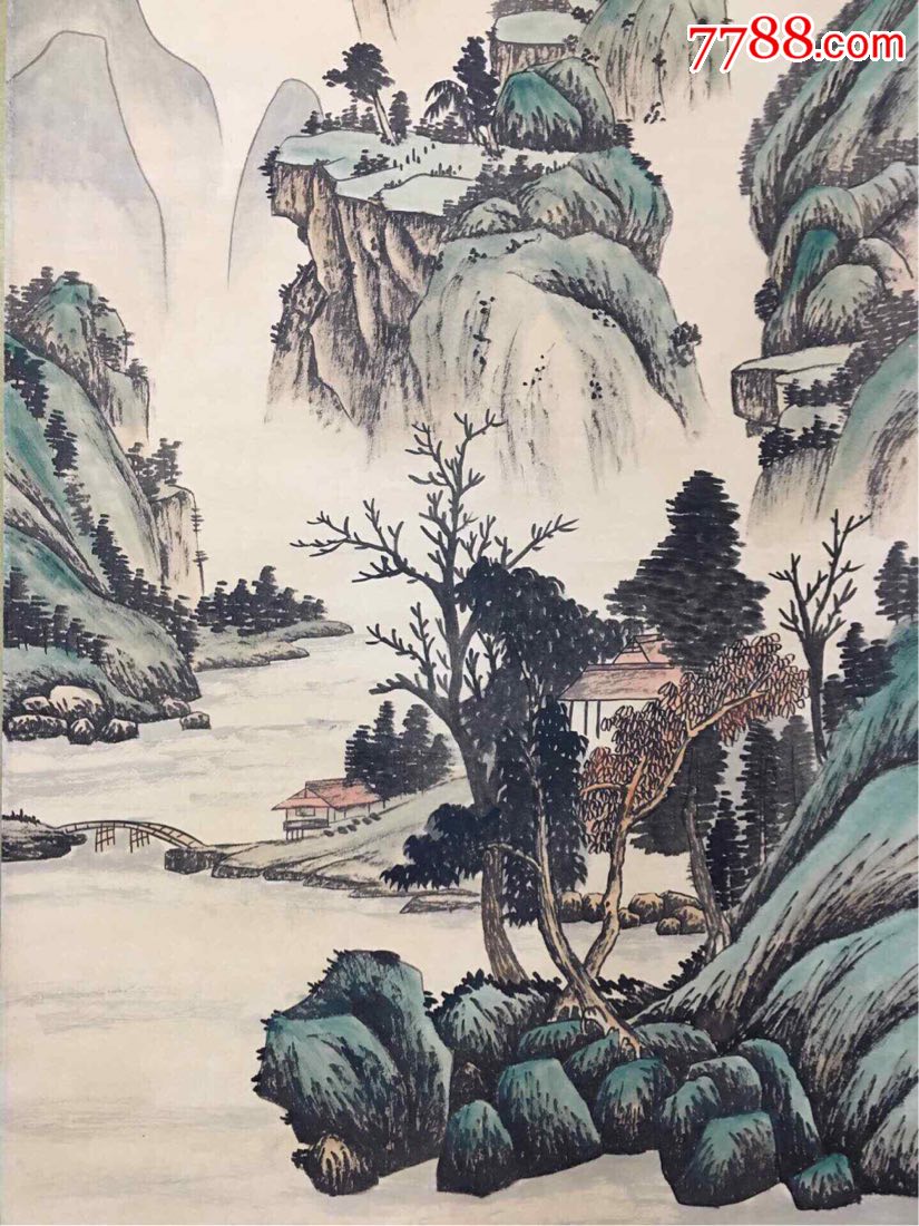 农村收来张大千山水画一幅四尺中堂画低价转让-山水国画原作-7788收藏