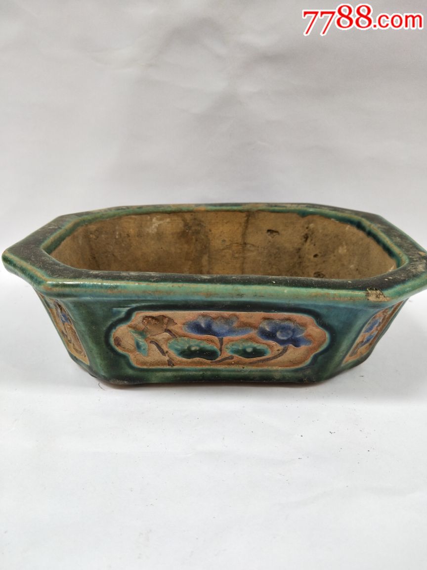 陶都广东石湾窑立体花卉图案绿釉花盆
