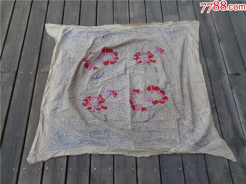 清代蜡染印花富贵牡丹花纹大包袱