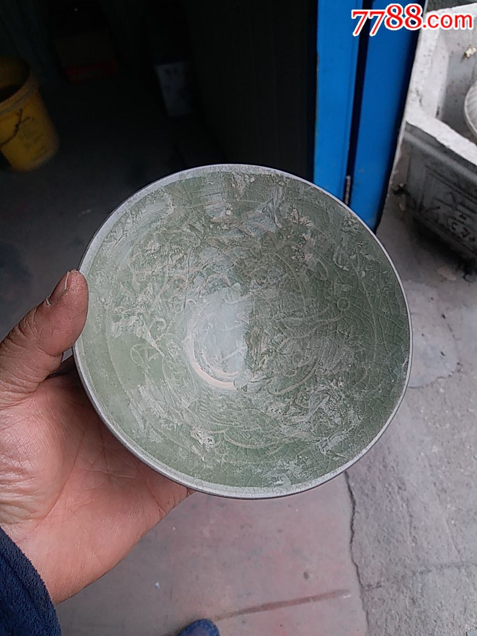 宋代耀州窑刻花开片斗笠碗-绿釉瓷-7788瓷器