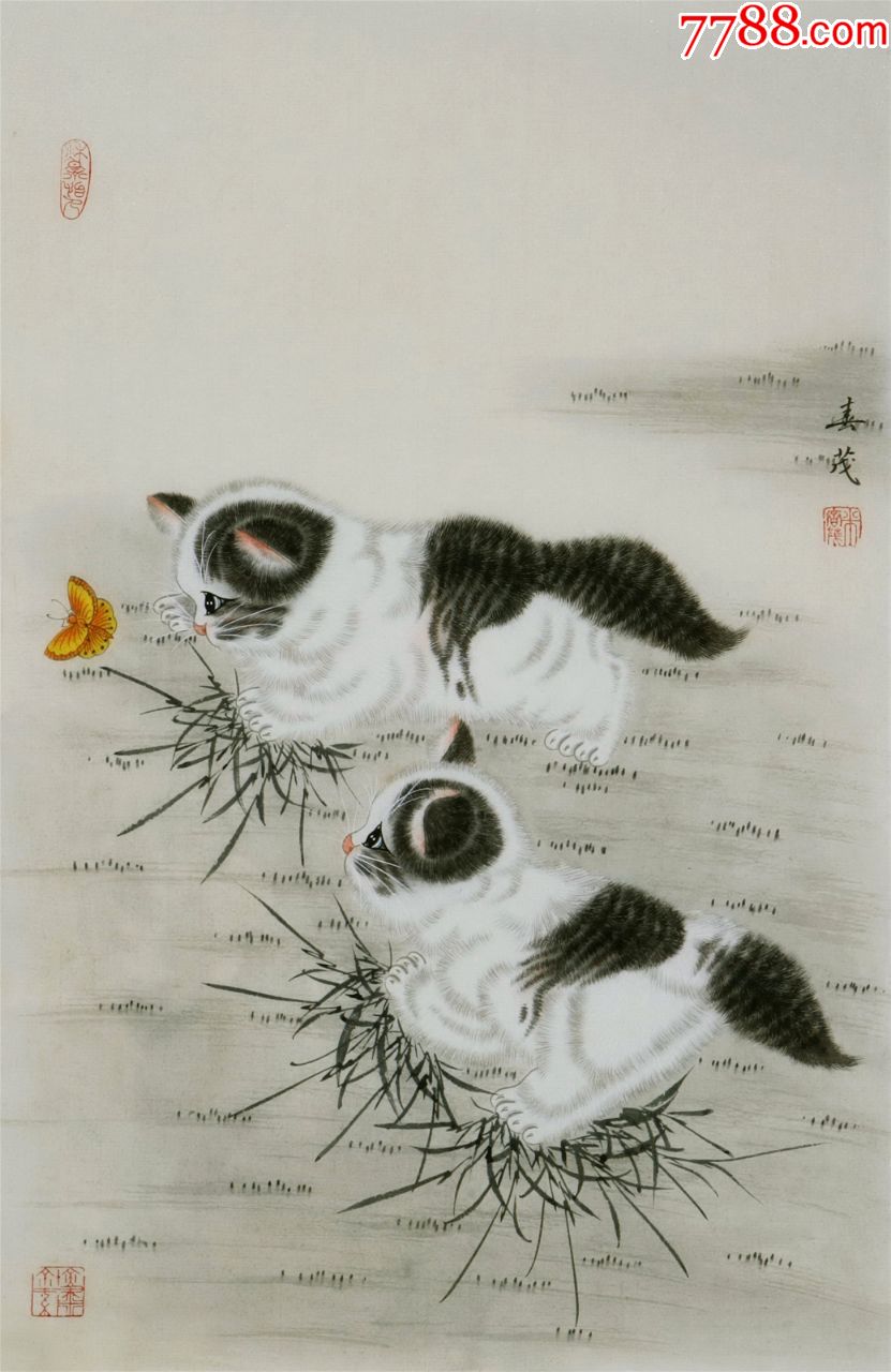 中国美协会员米春茂动物画猫猫蝶图