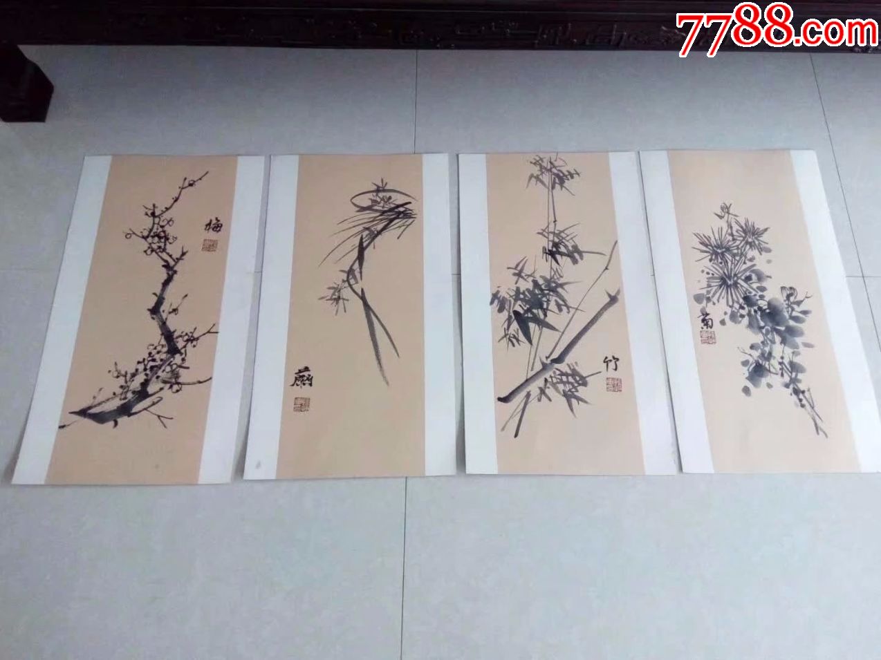 地方名家卡紙繪畫4條屏梅蘭竹菊_花鳥國畫原作_鞏昌雄鎮【7788收藏