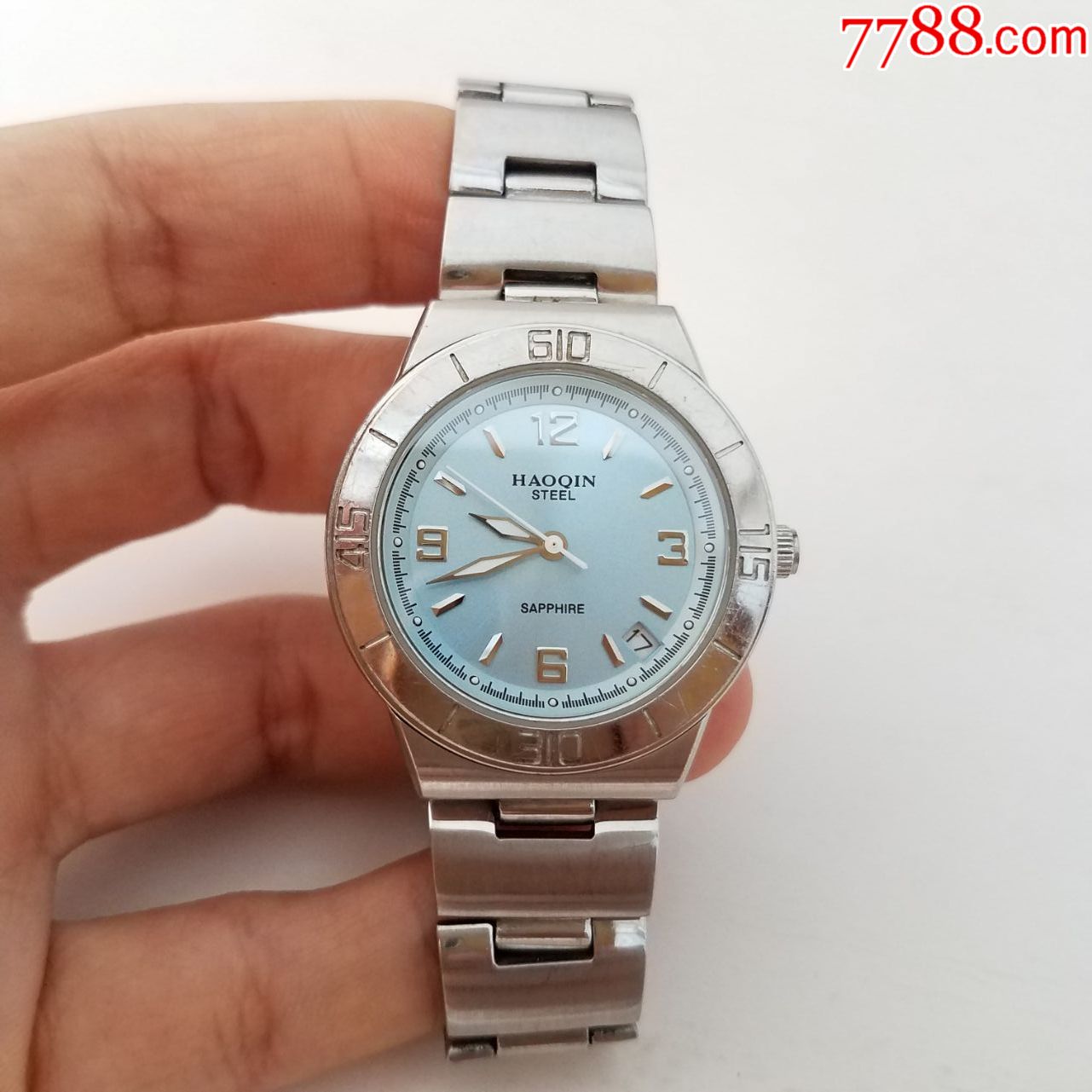 豪琴haoqin电子女表【漂亮拉丝纹天空蓝表盘】【高闪刻度,指针】-手表