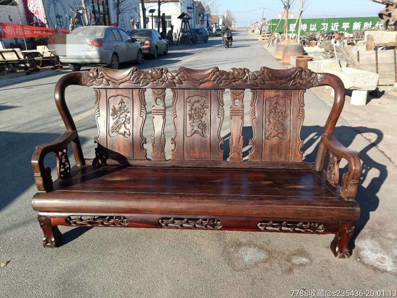 老红木三人排椅!保存完整,品相一流!民国!长1.90,宽63,前高38,总高1