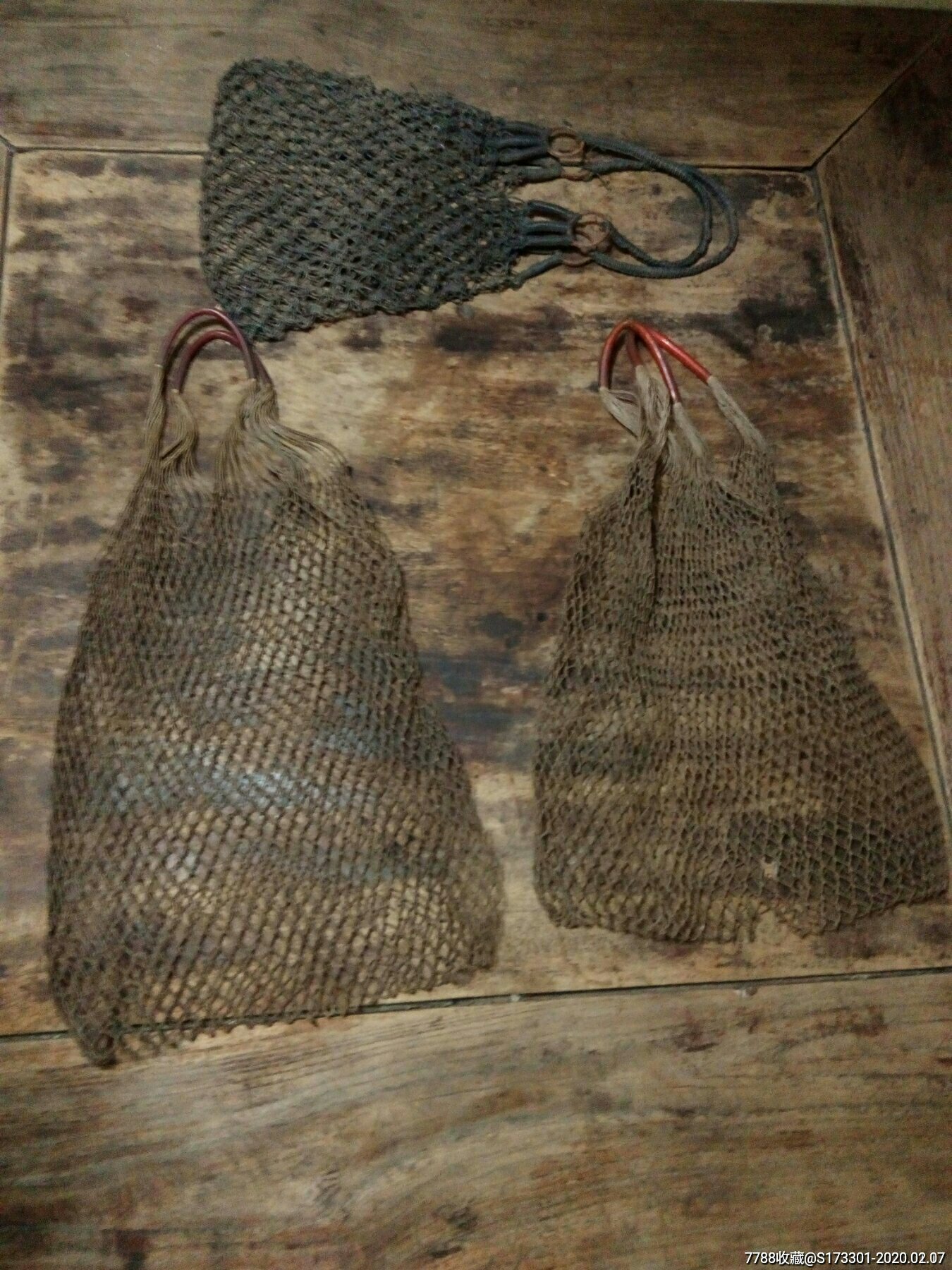 手工编织,老网兜,网袋,三个