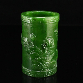 新疆和田碧玉荷塘美景笔筒摆件256.54g（附赠证书）(au22439525)_7788收藏__收藏热线