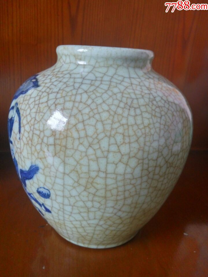 清晚民国哥窑刀马人物青花罐,青花瓷,白地青花,民国,罐/缸,人物,哥窑