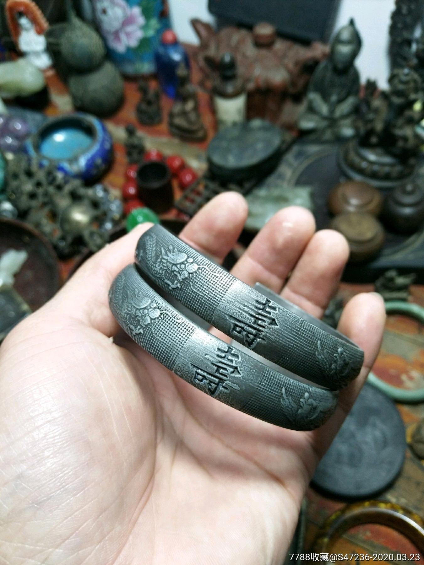 老银子龙凤寿字手镯一个