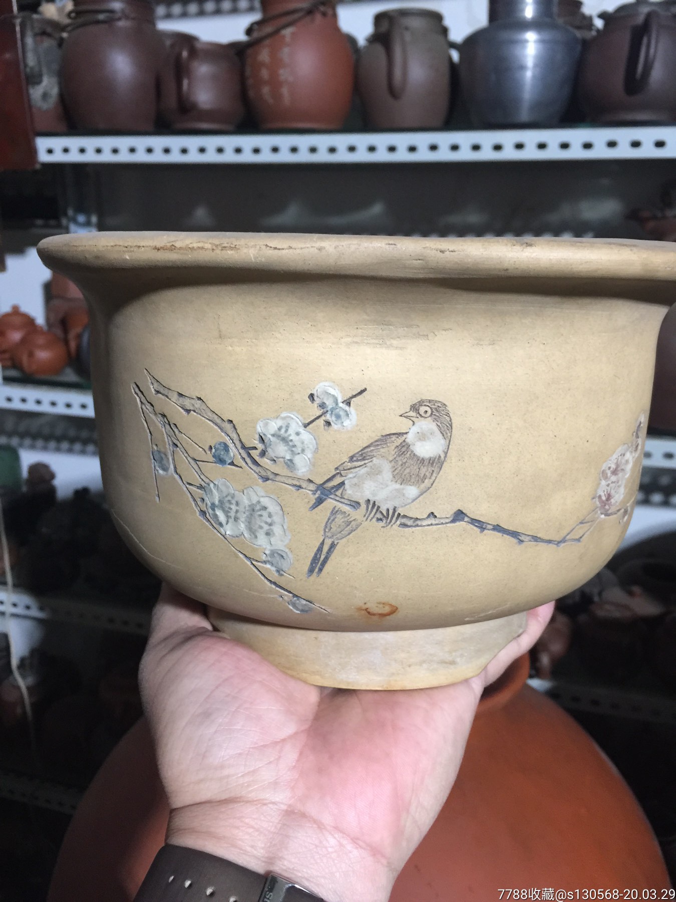 文革名家云石陶刻诗画粉段泥海棠紫砂花盆