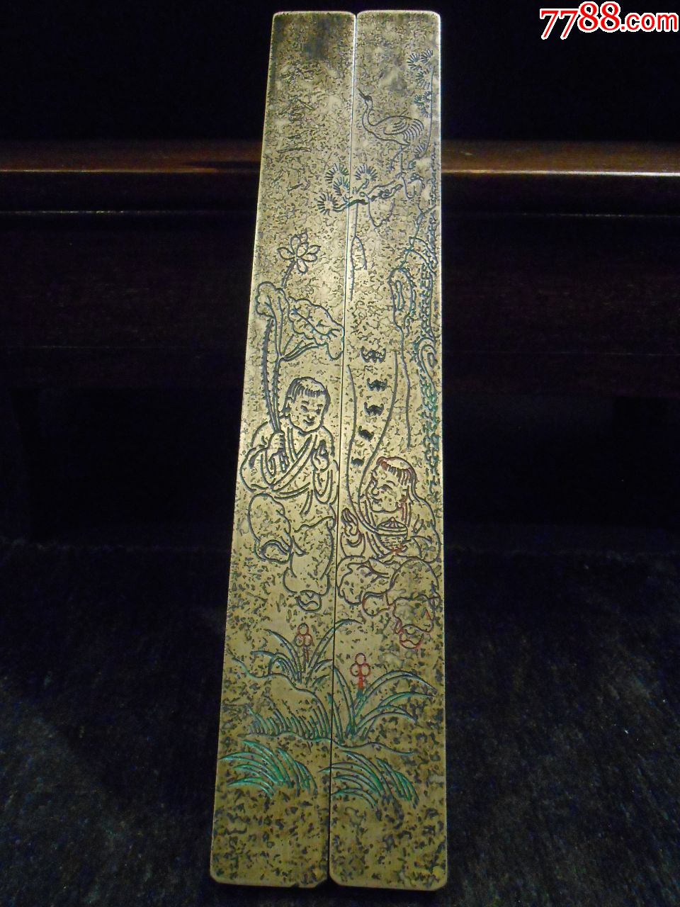 云啸堂老镇尺一对,描彩錾字"和合二仙",錾画"和合二仙,蝙蝠,荷花,鹤