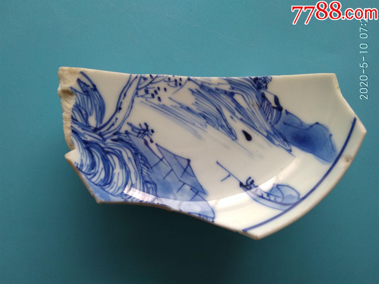 康熙景德镇手绘线描山水人物"独钓寒江雪"青花瓷片