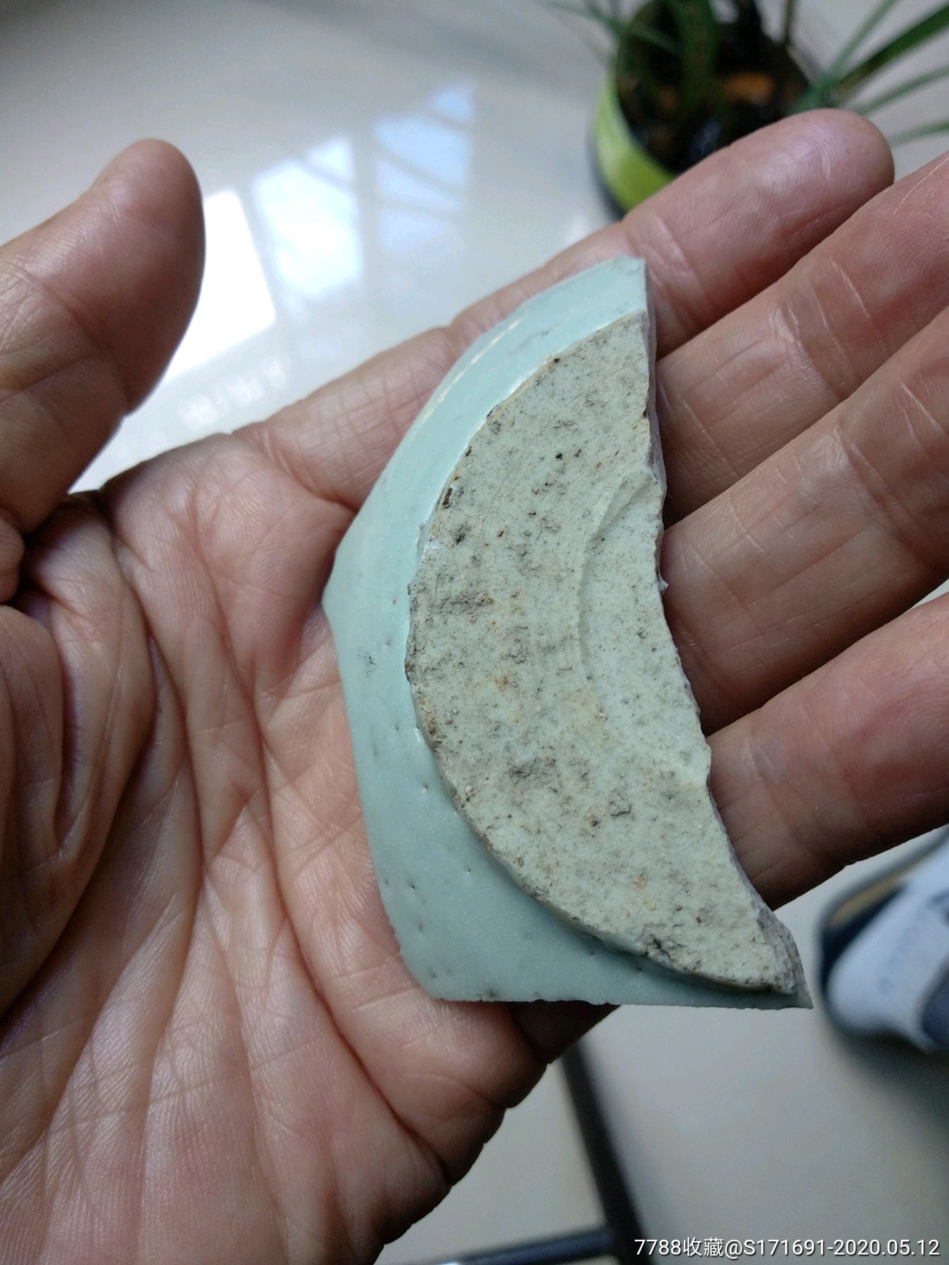 明代,精美玉壁底青花花草纹瓷片