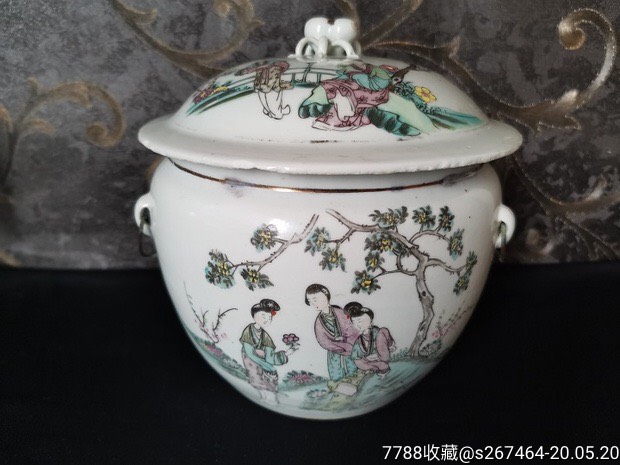 民国周鸿顺粉彩美人大粥罐近全品_彩绘瓷/彩瓷_沐轩阁【7788瓷器】