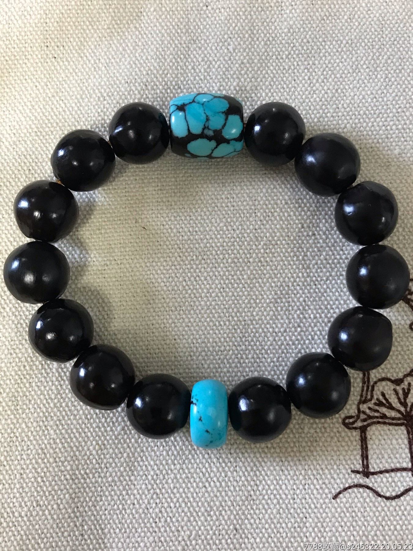 无患菩提子佛珠配高瓷高蓝原矿绿松石鼓珠7.5克