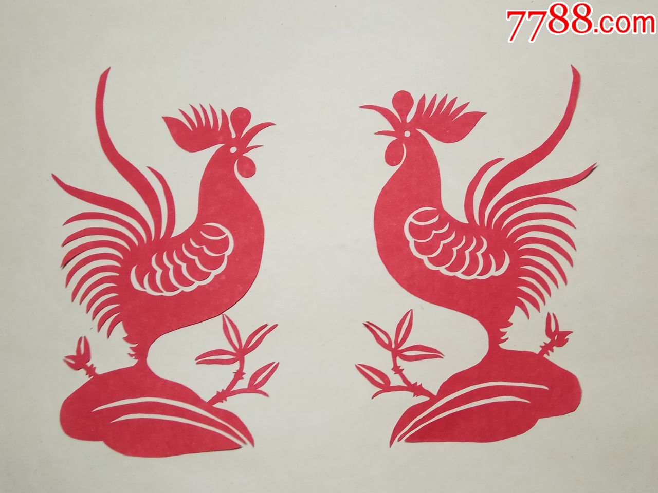 老手工剪纸;金鸡报晓一对;少见