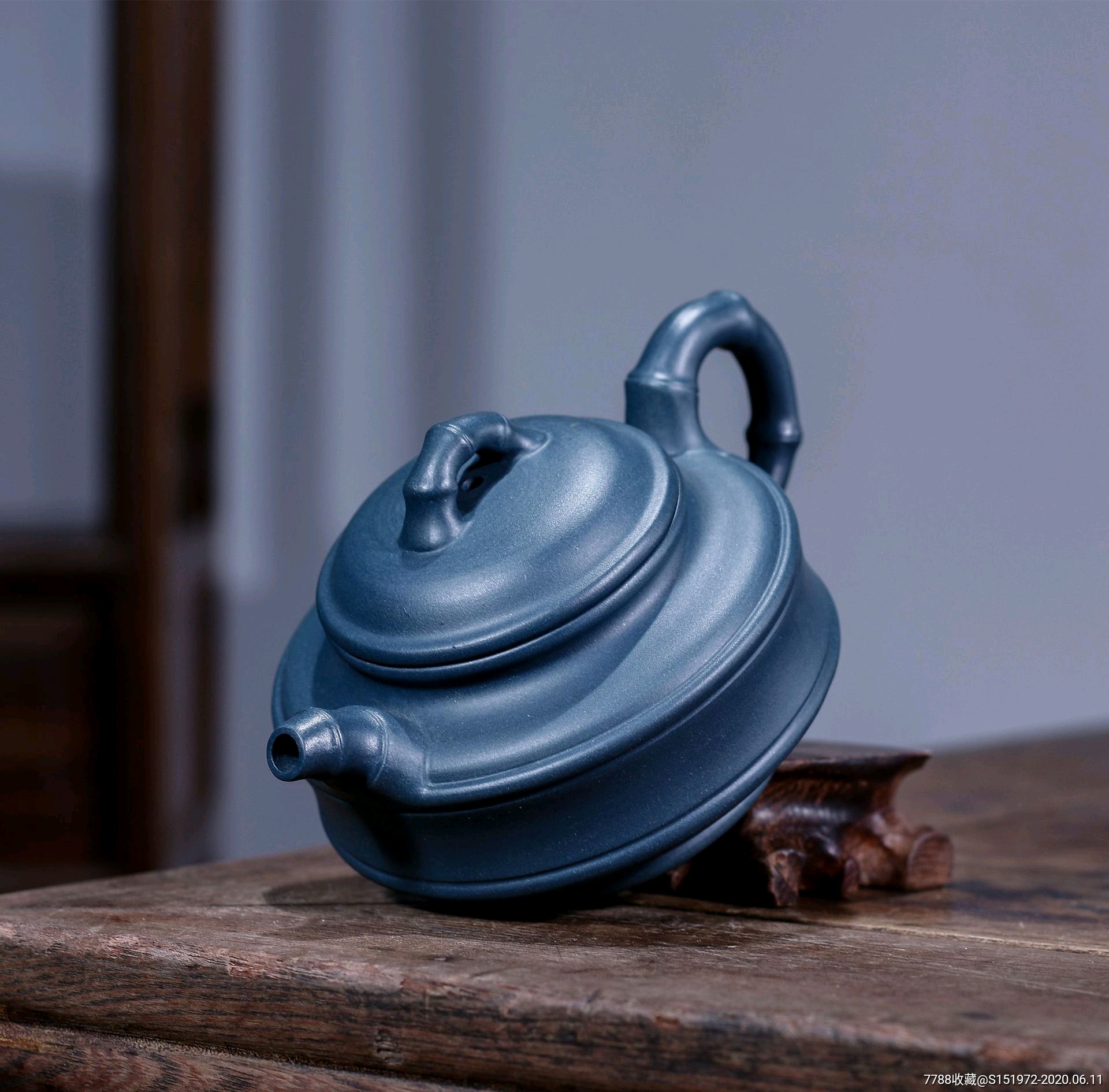 宜兴紫砂壶原矿绿泥双线竹鼓壶