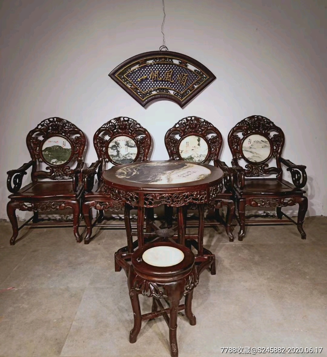 老上海红酸枝镶大理石圆桌椅子六件套,