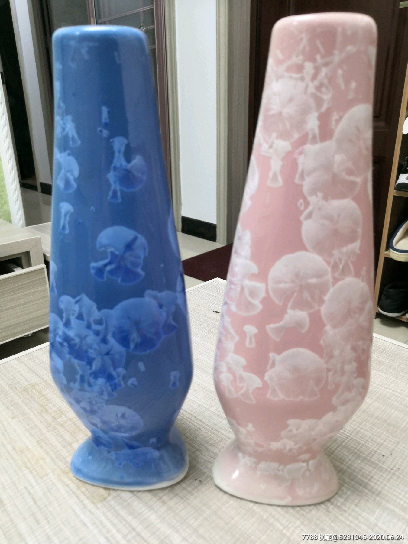 80年代建国瓷厂美研室全手工高温结晶釉花插一对