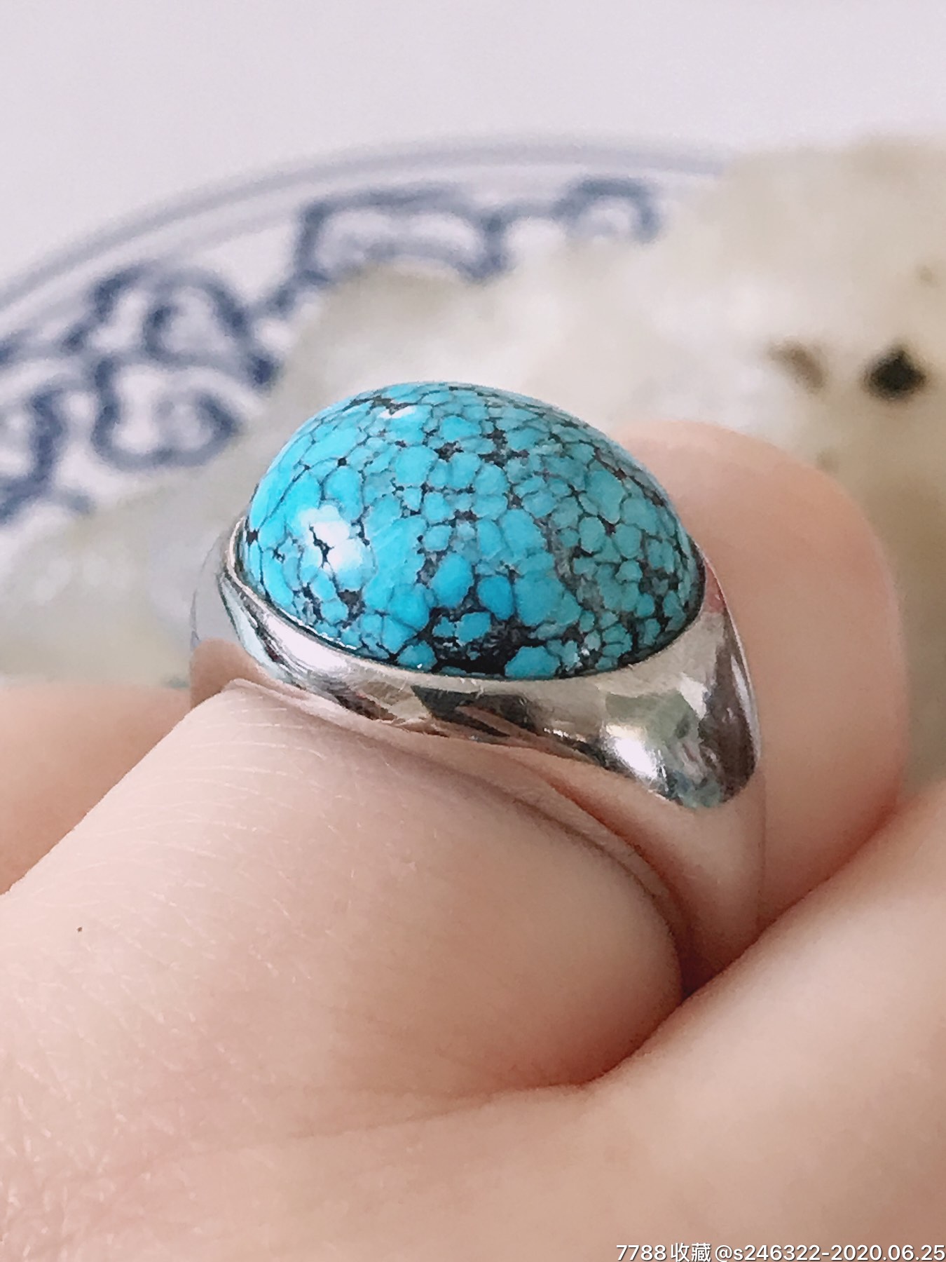 高瓷蓝网花原矿绿松石美戒(纯银镶活口)