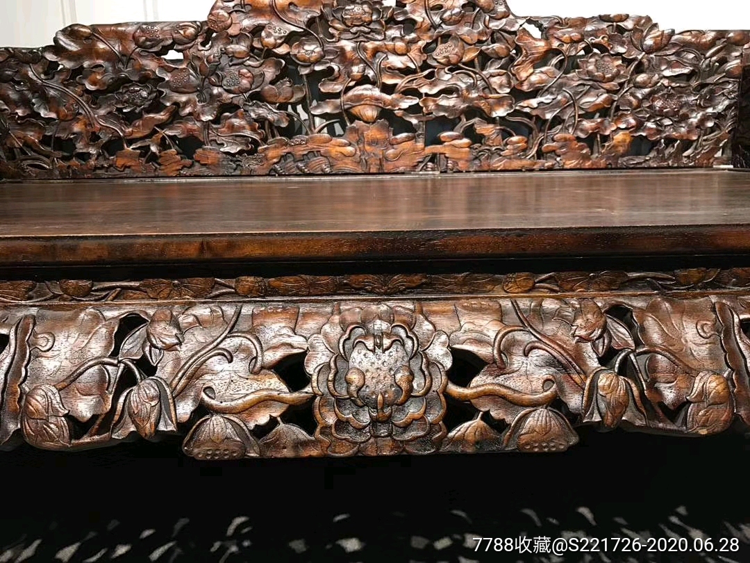 花梨木纯手工镂空雕刻莲花罗汉床一张-木床/木榻-7788旧家具收藏