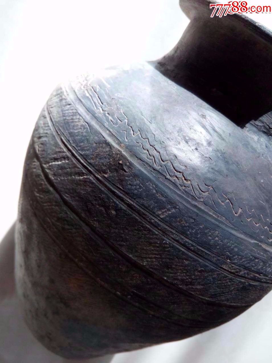 秦代铅光带旋纹绳纹灰陶罐口沿有小残,12---10----25厘米大