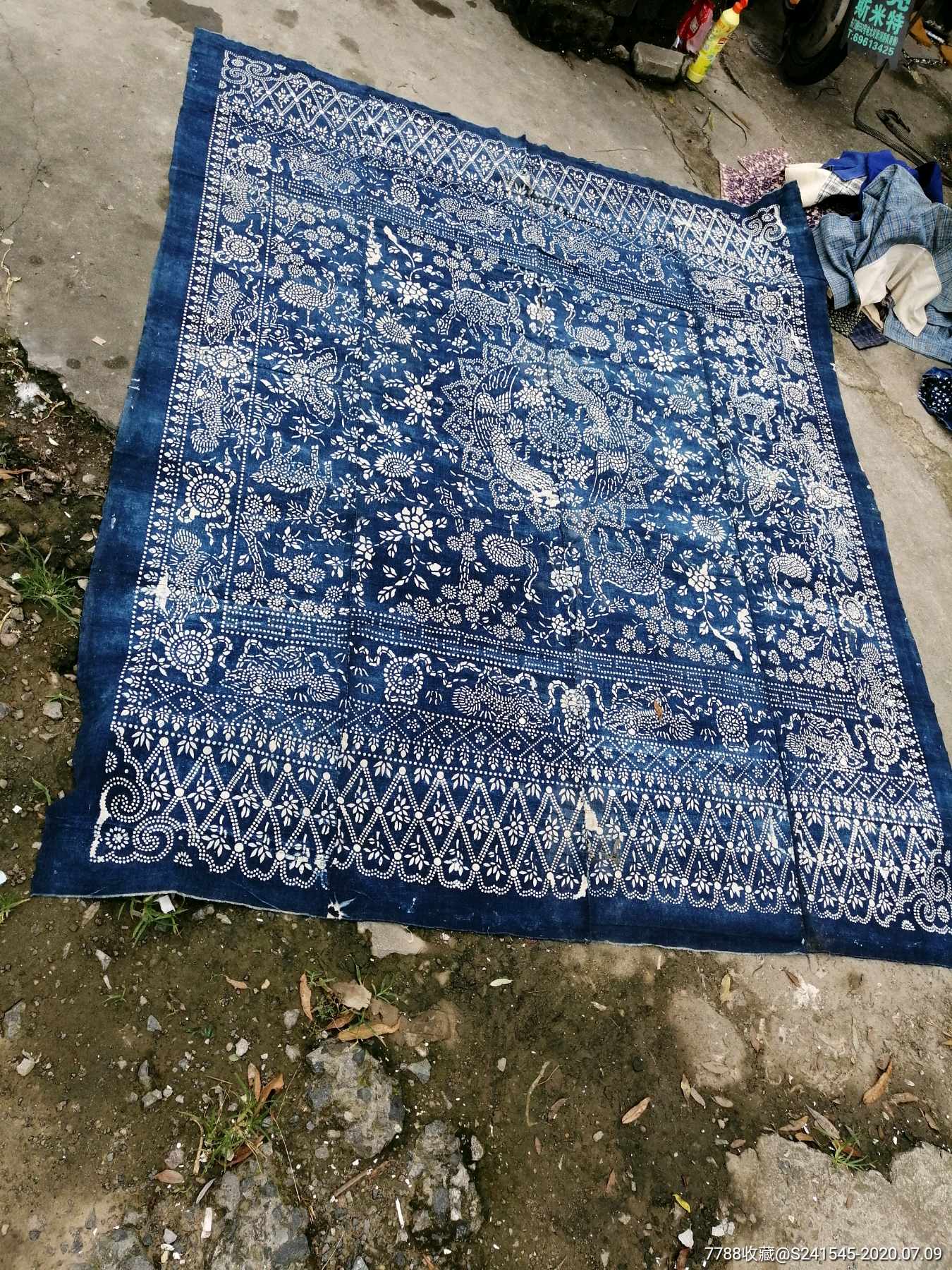 清代特大青布年兽花卉床单