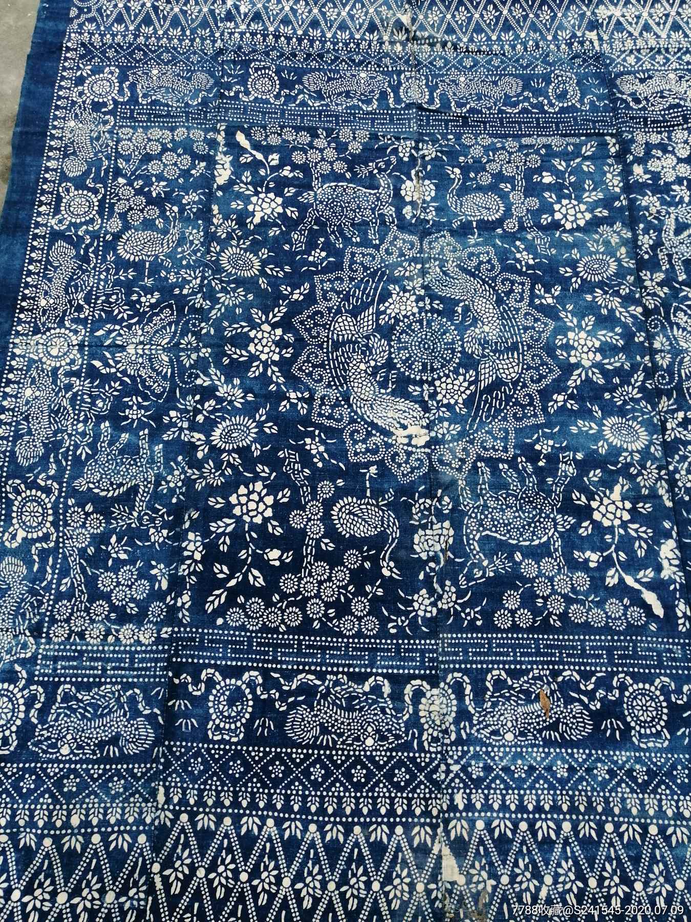 清代特大青布年兽花卉床单