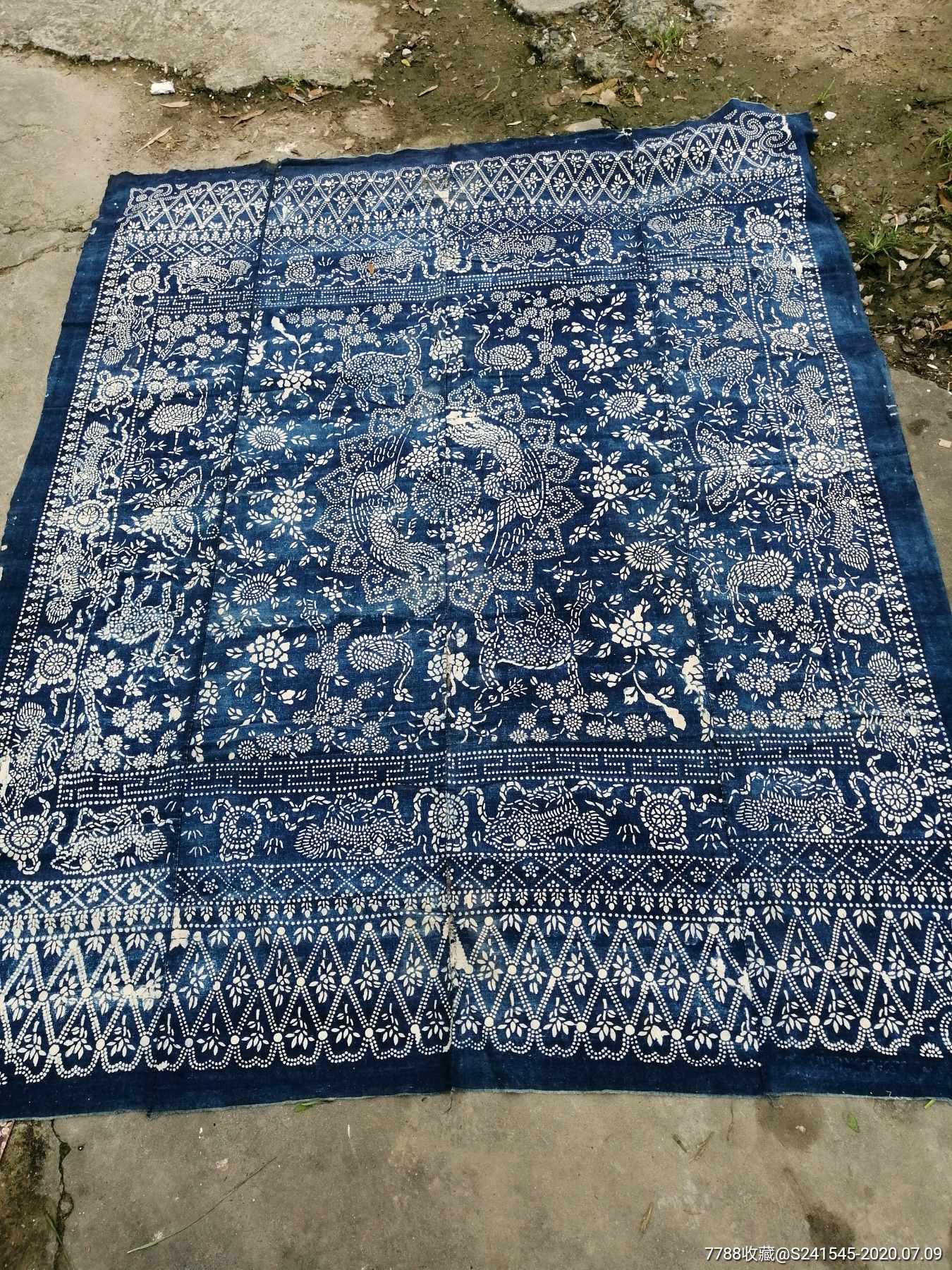 清代特大青布年兽花卉床单