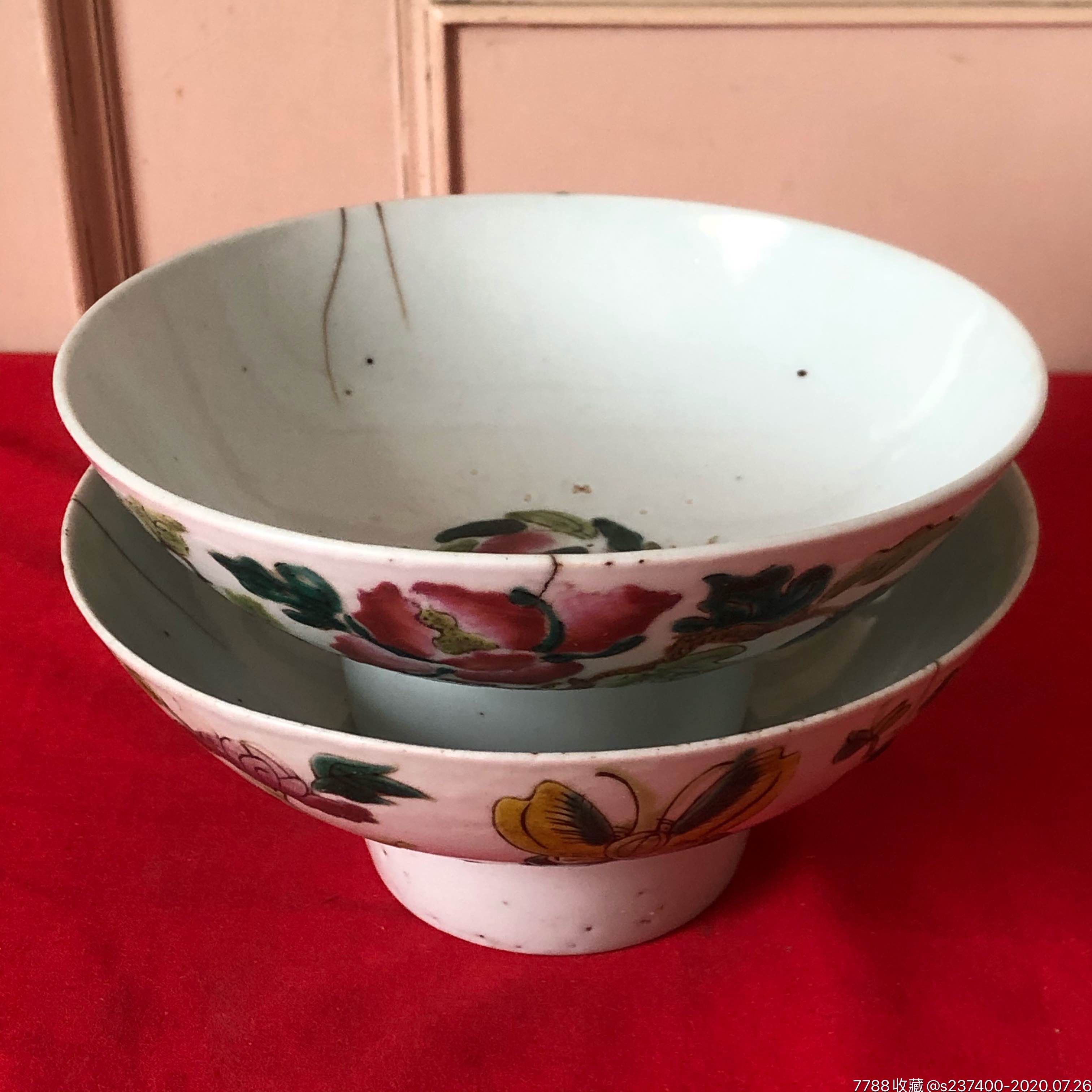 老瓷碗民国老货粉彩瓷碗两个品中怀旧摆件作标本保真包老