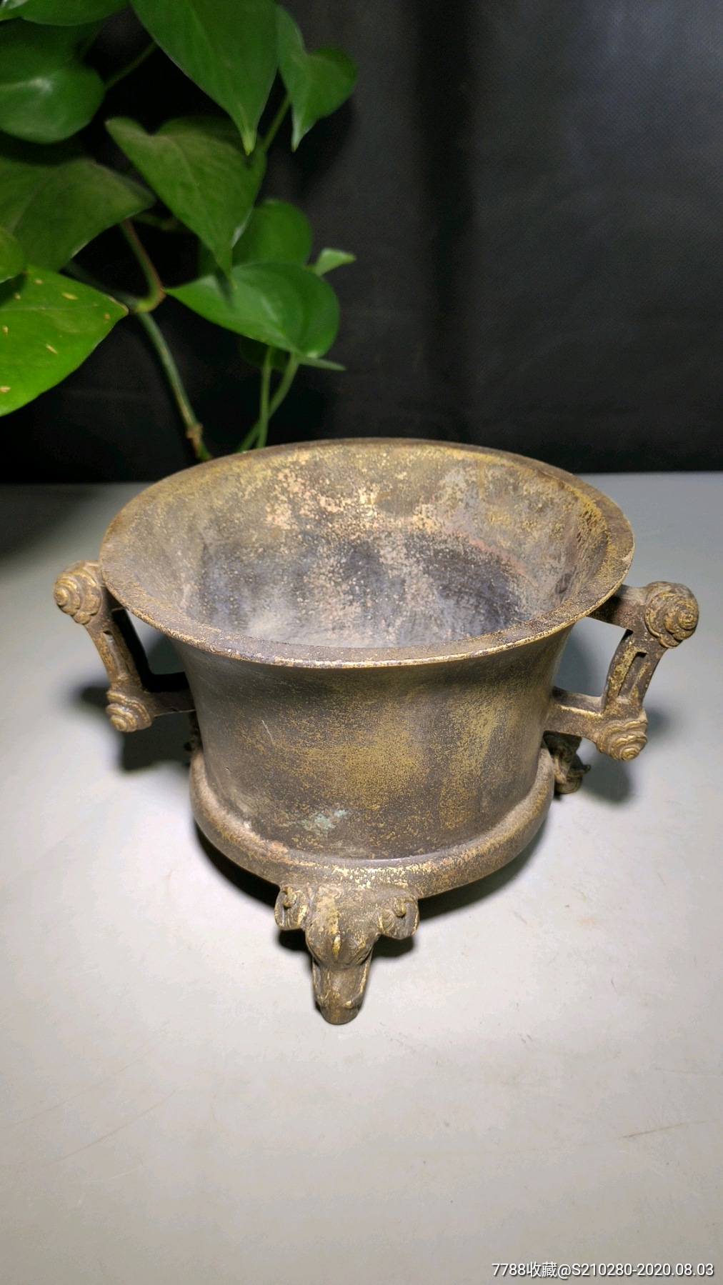 5品99清代双耳铜香炉!造型独特!铜制清晰!皮壳老辣!包浆浓厚!