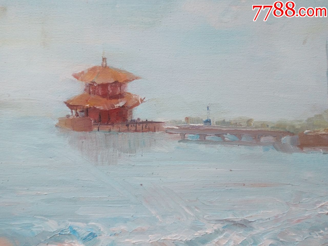 油画风景山水画青岛八景栈桥【青岛重要标志回澜阁】著名书法家舒同题