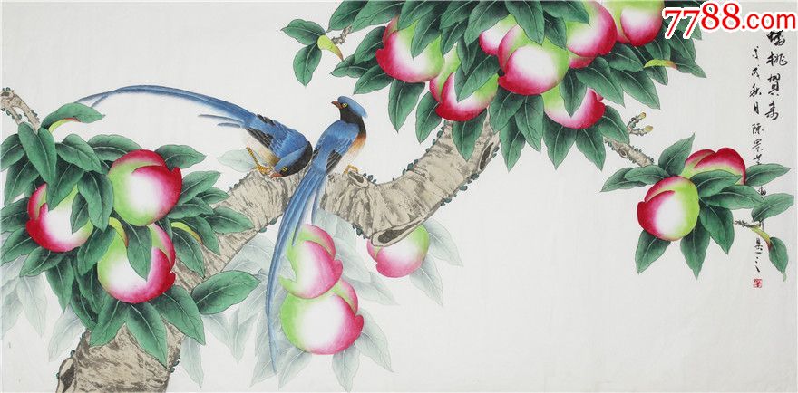 陈景芝蟠桃贺寿工笔花鸟客厅136cmx66cmc387