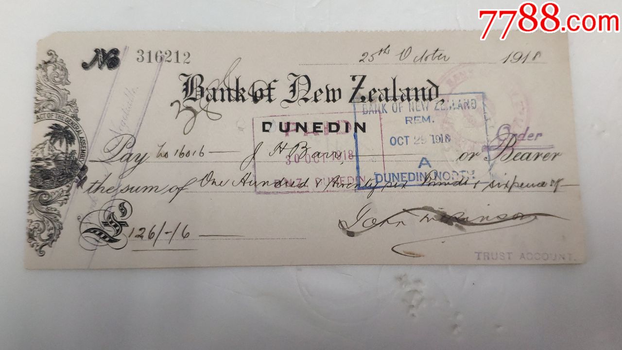 外国支票-1918年新西兰