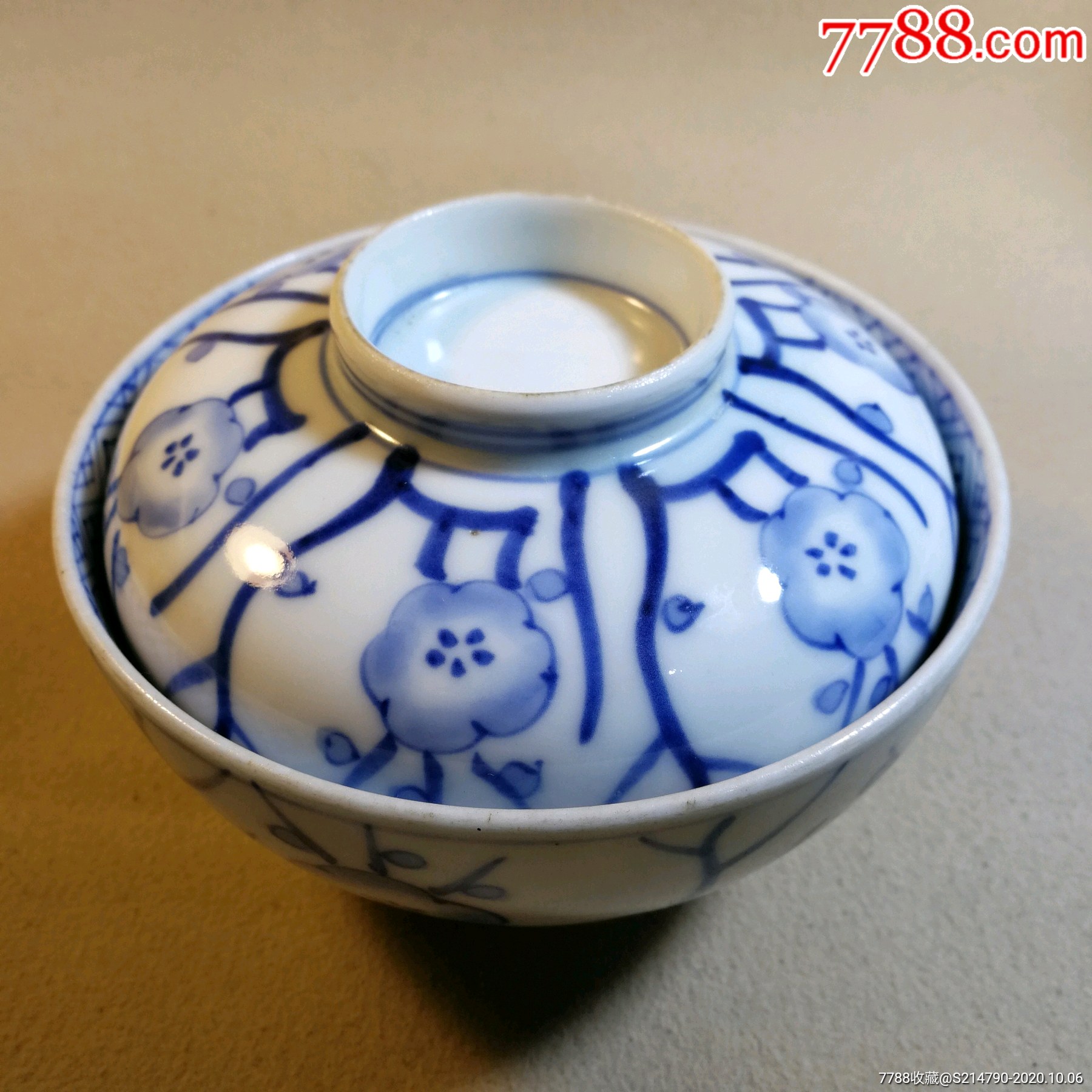 晚清民国过墙梅花青花大盖碗径13厘米,好品