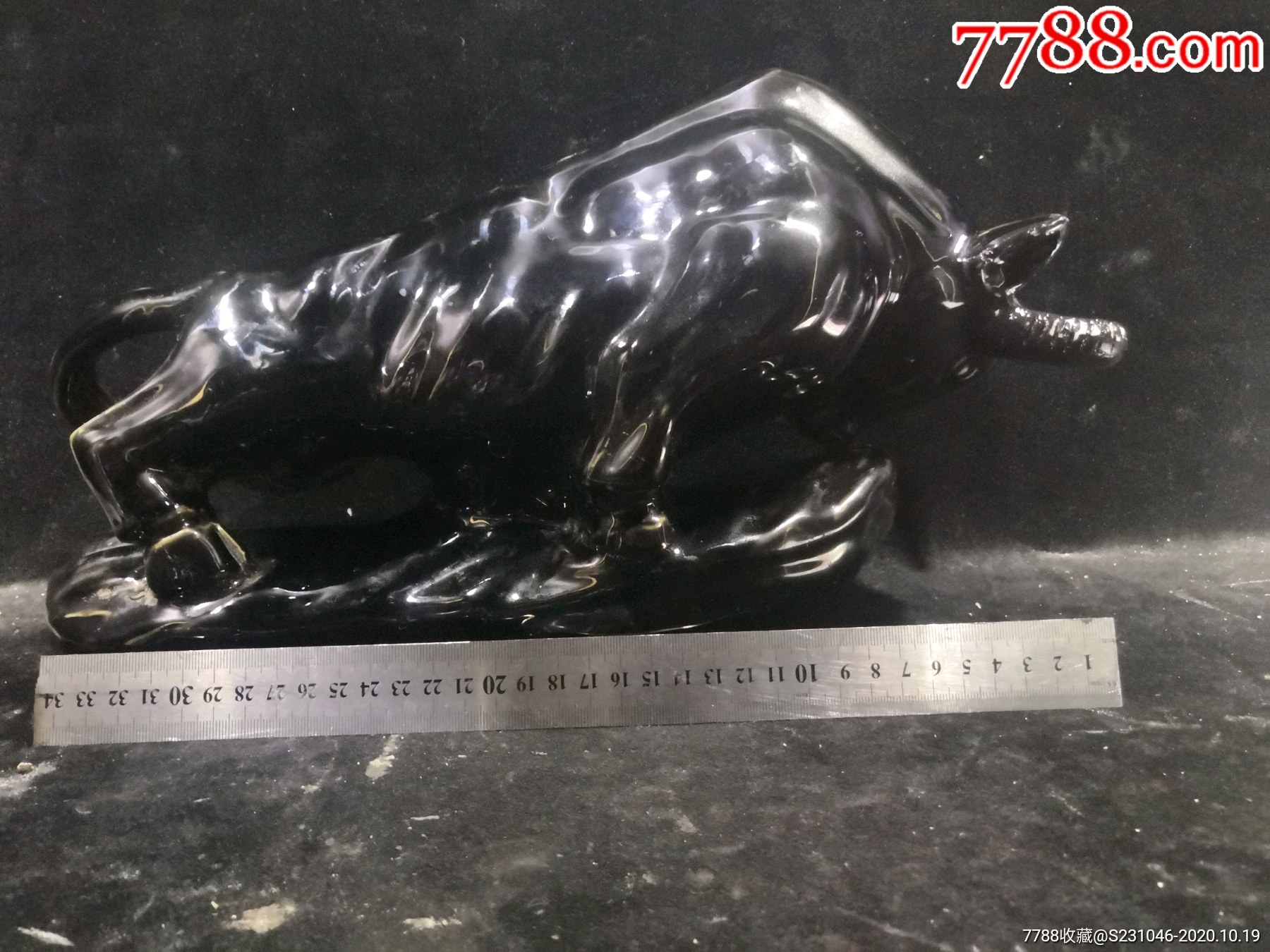 80年代雕塑瓷厂美研室陈继民全手工雕塑乌金釉雄牛摆件_价格999元_第1