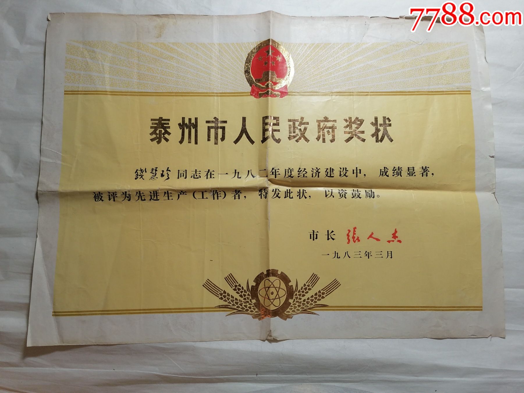 泰州市人民政府奖状