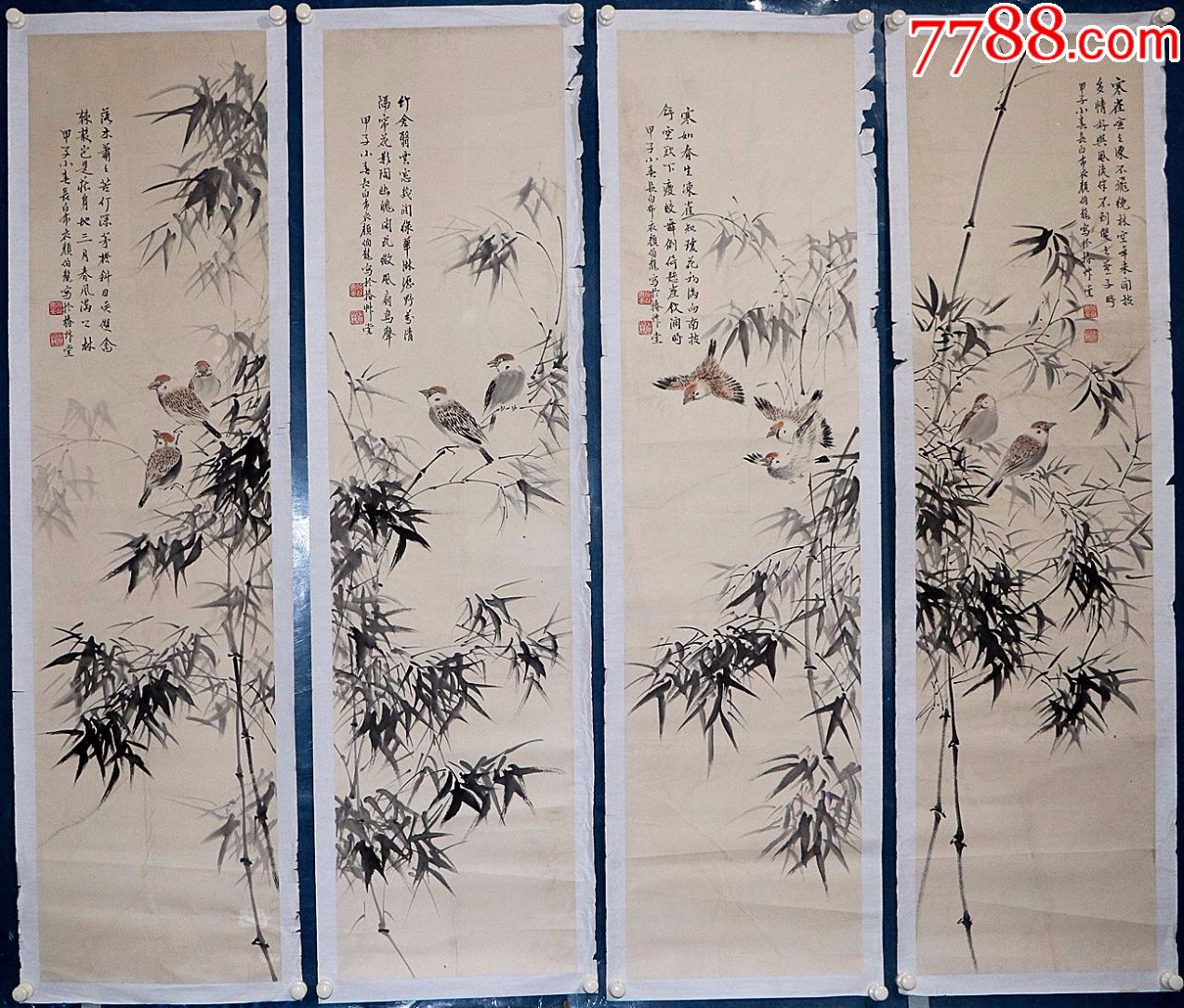 民国时期京津画派著名的花鸟画家《颜伯龙》竹子小鸟四条屏