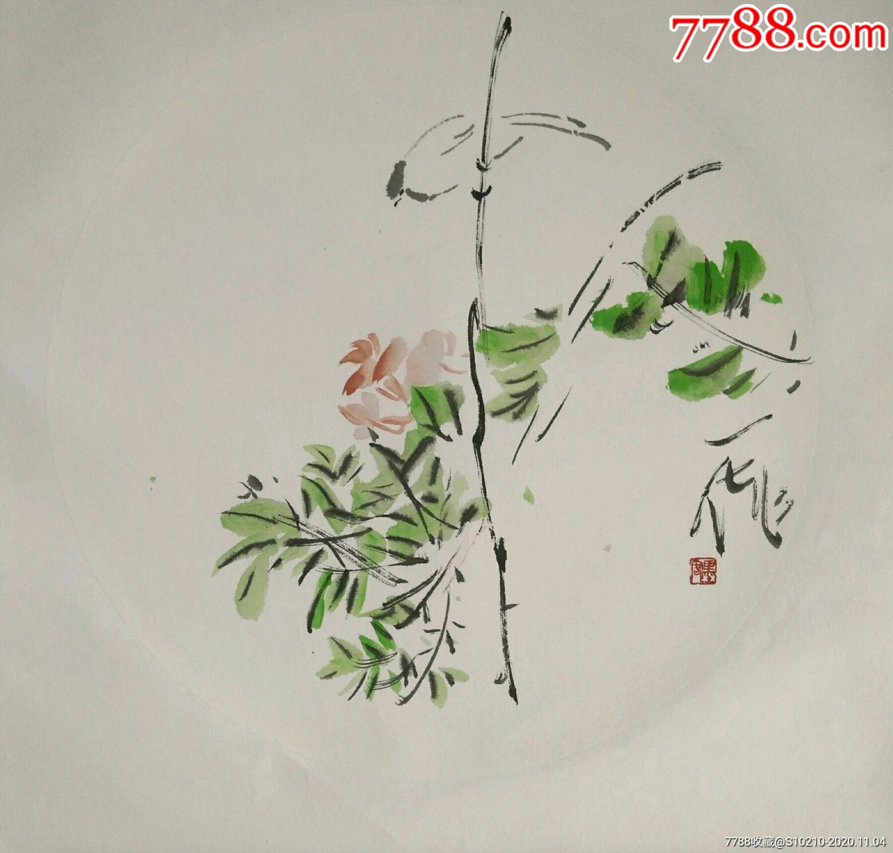 禪意畫家林飛虎寫意花鳥畫:圓形小品(保真,直徑30cm)_花鳥國畫原作_第