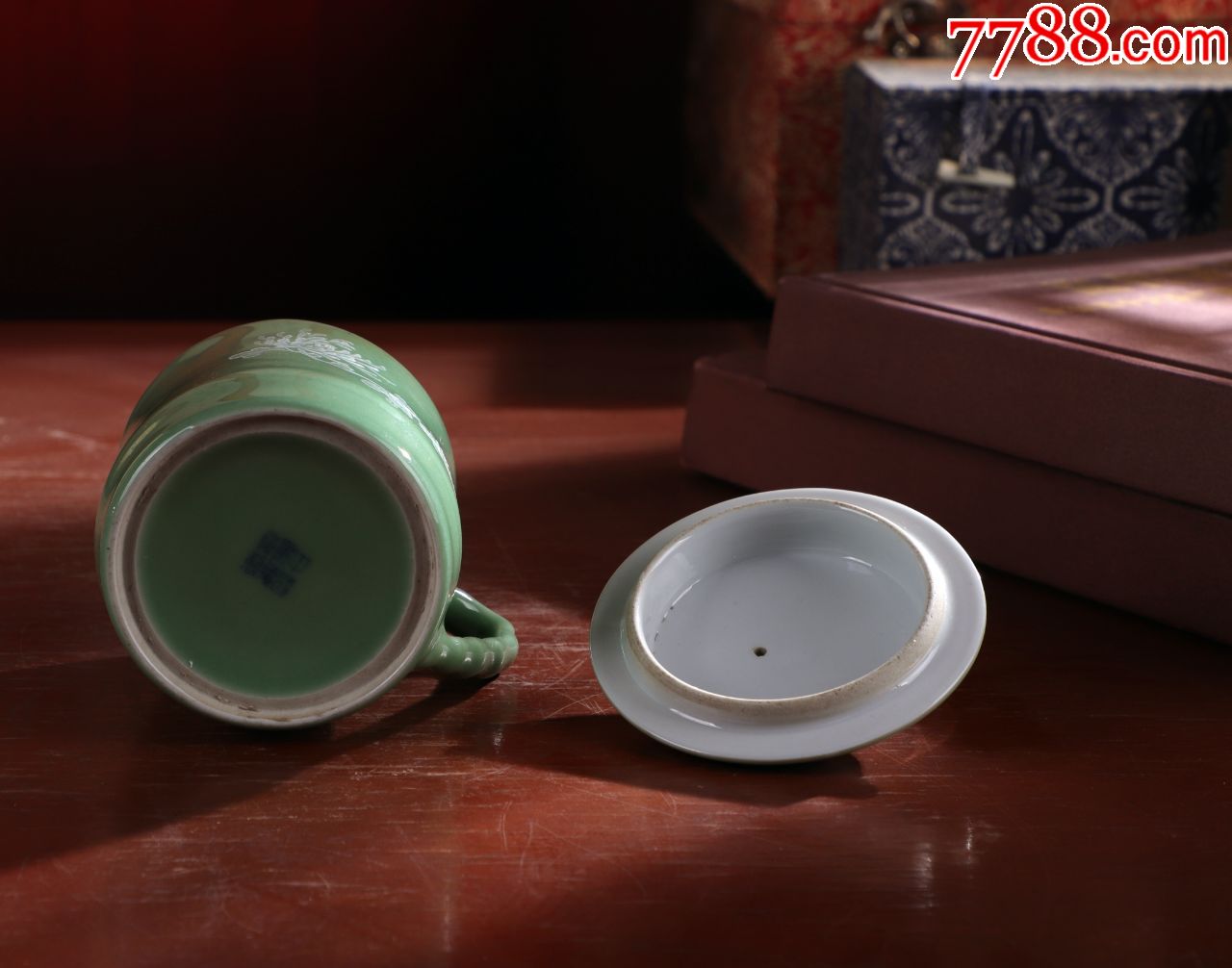 景德镇老厂货瓷器/建国瓷厂绿堆白茶杯盖杯