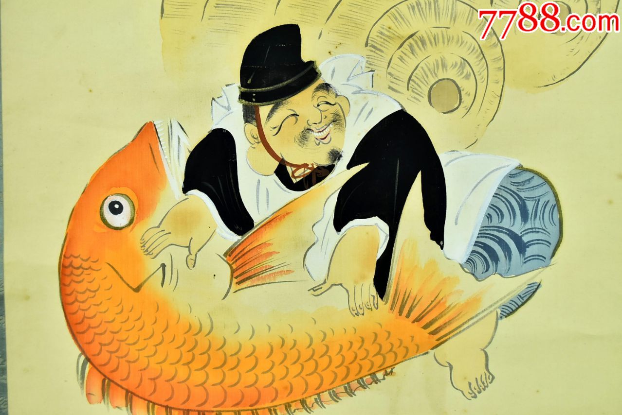 (vh3638)光阳笔绢本手绘《大黑天惠比寿》装裱立轴画一幅