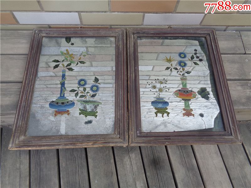 民国时期彩绘文房清供图玻璃镜画一对