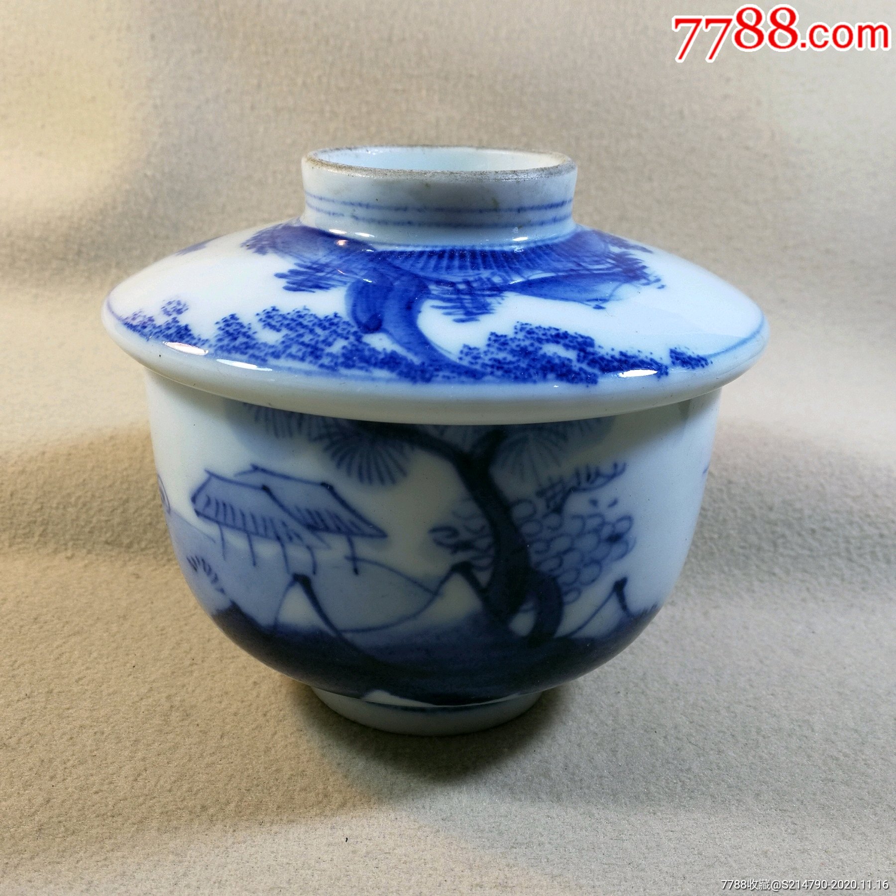 晚清民国青花山水盖碗茶一套,直径11厘米,好品
