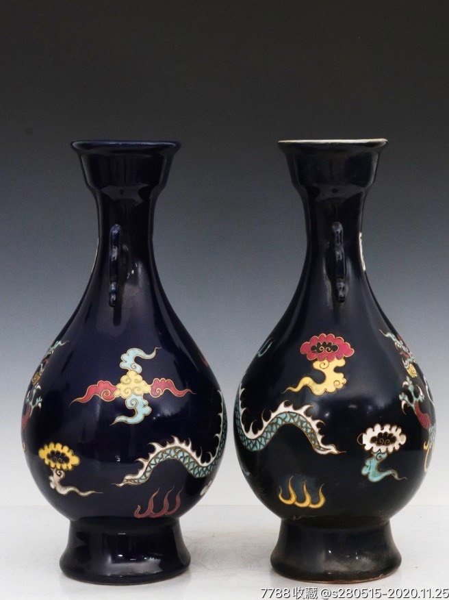 元代内府霁蓝釉五彩龙纹双耳瓶一对_价格1100元【古董古玩小店】_第4