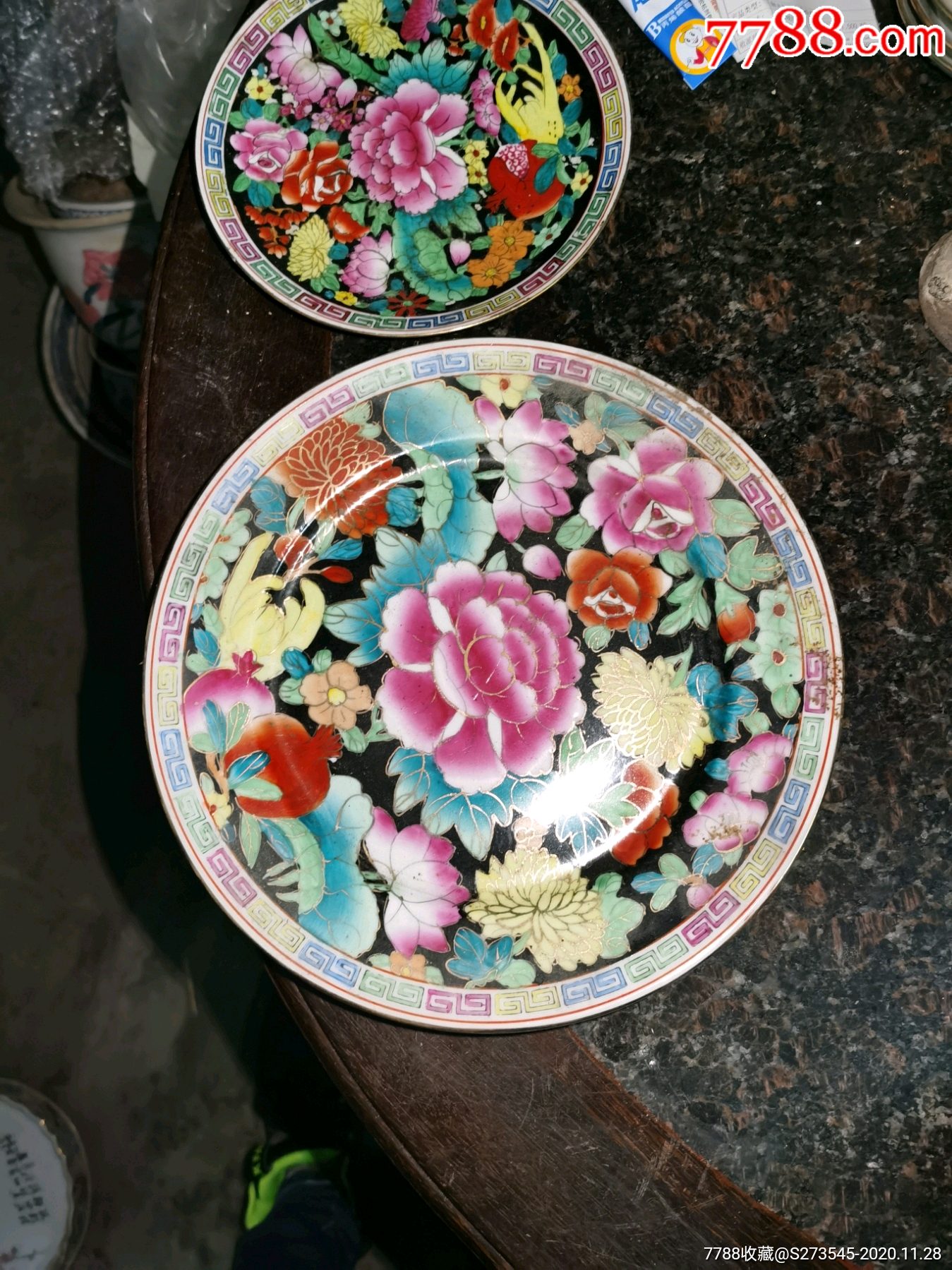 老国营厂彩绘描金百花盘子两个底款中国汕彩